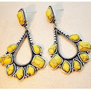Long Silver Electro-Plated Teardrop Earrings & Synthetic Yellow Turquoise Stones